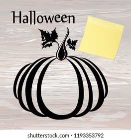 Halloween. Silhouette of a pumpkin. Vector on wooden background. Greeting card for a holiday or an invitation to a party. Yellow sheet of paper for notes. Sticker.
