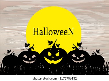 Halloween. Silhouette of a pumpkins. Vector on wooden background. Greeting card for a holiday or an invitation to a party.
