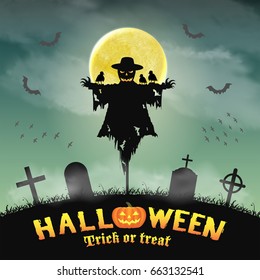 halloween silhouette scarecrow in night graveyard