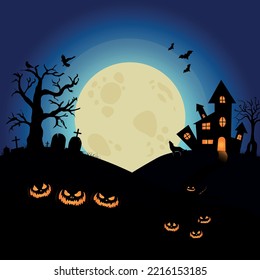 Halloween silhouette scary background, in vector isolated style. With pumpkins, crows, bats, scarecrow, castle, pits, tombs, cross, tree, wolf and moon icons.