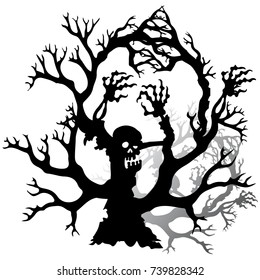 Halloween, Silhouette of a scary-zombie tree without leaves, on white background, vector