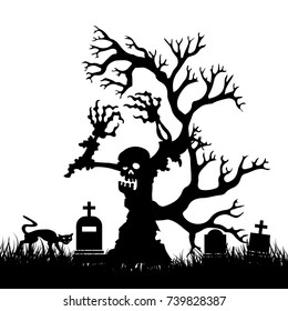 Halloween, Silhouette scary-zombie tree without leaves in cemetery, on white background, vector