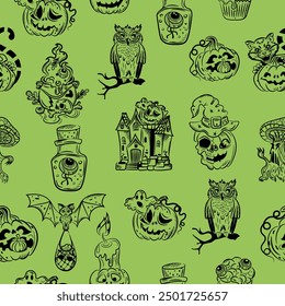 Halloween silhouette seamless pattern. Vector.