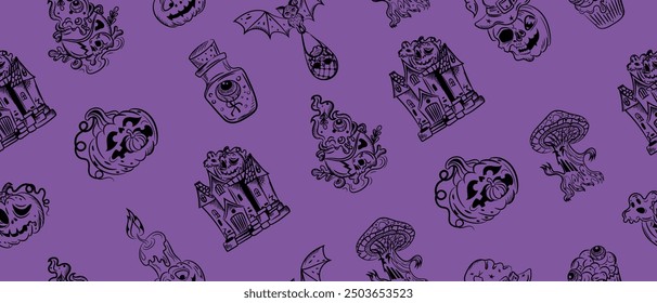 Halloween silhouette seamless pattern. Vector.