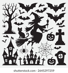 Halloween silhouette set with flying witch cat spiderweb and graveyard on white background