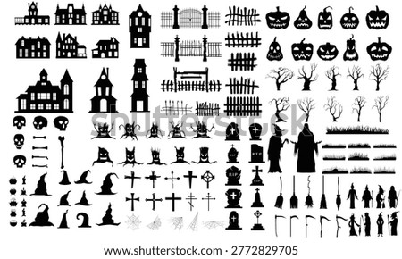 Halloween Silhouette Set, Graveyard, Haunted House, Pumpkin and Horror Elements Collection