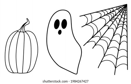 Halloween silhouette set, Icon collection, pumpkin, spider web, ghost, white background, vector illustration, Doodle style, line Illustrations