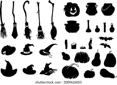 Halloween Silhouette set isolated on white background. Witch brooms, hats, boiler, candles, pumpkins, bottles vector illustrations. Wizards traditional symbols  for cards, poster, invitation design.