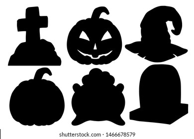 Halloween silhouette set. Scary pumpkin, cauldron and witch hat, gravestone. Isolated on white background. Design element for banner, menu, poster, web. 