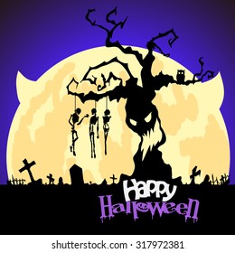 Halloween silhouette, skeletons hang in a loop of rope on a branch of an evil tree, against the background of the moon.Happy Halloween vector illustration