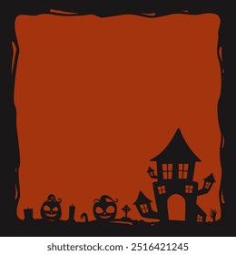 Halloween silhouette template frame on dark orange background with haunted house, pumpkin, monster hand, and tombstone