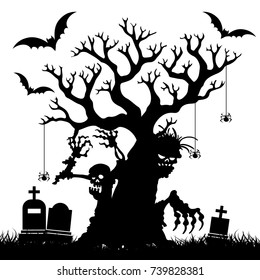 Halloween, Silhouette of a terrible bare tree without leaves in the cemetery, on white background, vector