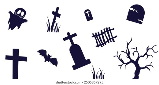 Halloween silhouette tombstones, graves, ghost, bat, spooky tree, cemetery fen, grass icons set. Vector elements for Happy scary Halloween design