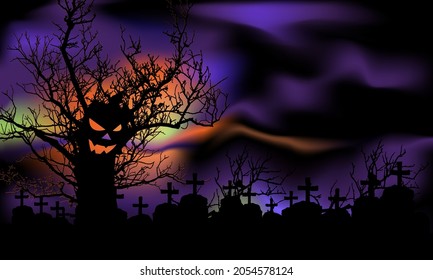 Halloween silhouette tree, wood horror devil face. Halloween party night sky foggy purple-black abstract background. Distorted moon thriller, Cemetery under orange-red moonlight. Vector illustration