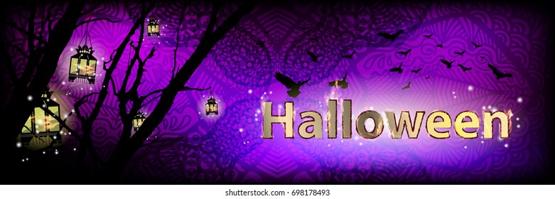 Halloween. The silhouette of trees in the night and fire lanterns. Flaming fire inscription halloween. Purple magic. Illustration for your design. Horizontal sheet orientation