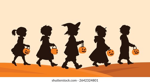 Halloween Silhouette Vector of Children Trick or Treating in Bold Cartoon Style