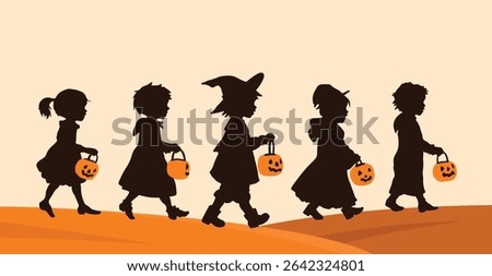 Halloween Silhouette Vector of Children Trick or Treating in Bold Cartoon Style