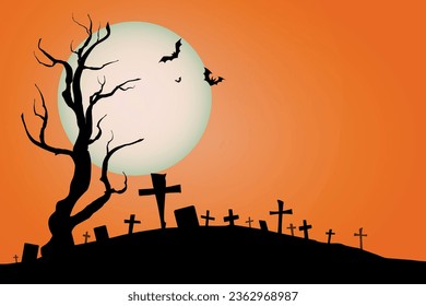 halloween silhouette vector flat background, black orange halloween