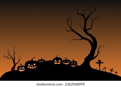 halloween silhouette vector flat background, black orange halloween