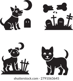 Halloween silhouette vector graphics featuring dog, cat, moon, bone, tombstone, spooky pet, cemetery, grave. 