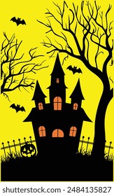 Halloween silhouette vector House, Tree, Bat
