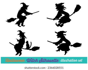 Halloween silhouette vector illustration element set of spooky flying wicked witch on a broom. collection of background design material