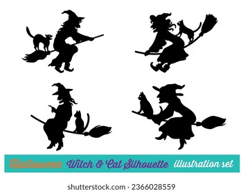 Halloween silhouette vector illustration element set of spooky flying wicked witch with cat on a broom. collection of background design material