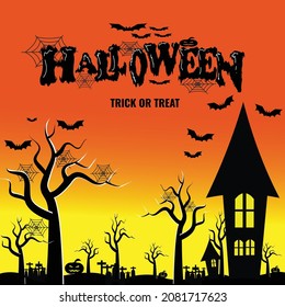 Halloween Silhouette vector illustration,Haunted House And Graveyard 