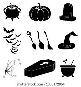 Halloween silhouette vector set. Collection of black illustration for horror holiday celebration. Creepy october cartoon symbols. Scary icons for party invitation. Spooky isolated clipart set. 