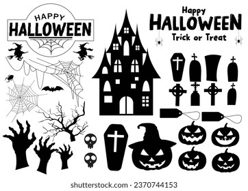 Halloween silhouette vector set design. Happy halloween text and trick or treat greeting with black shadow horror decoration elements. Vector illustration creepy, spooky and scary silhouette 