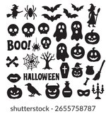 Halloween silhouette vector set featuring spooky trees, haunted houses, carved pumpkin faces, spider webs, bats, and pumpkin shapes. Halloween icon. Halloween icon set. Silhouette style. 