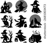 Halloween silhouette vector set featuring witch, jack-o’-lantern, bats, ghost, haunted house, graveyard, spider web and black cat. Perfect for posters, invites, T-shirts and vinyl cut.