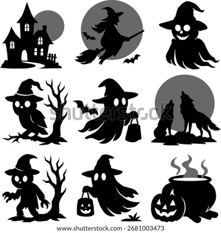 Halloween silhouette vector set featuring witch, jack-o’-lantern, bats, ghost, haunted house, graveyard, spider web and black cat. Perfect for posters, invites, T-shirts and vinyl cut.