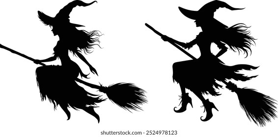 Halloween Silhouette Böse Hexe fliegen auf einem Besenstiel, Vektorgrafiken