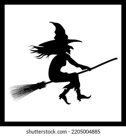 Halloween silhouette witch with hat on broom fly. Vector illustrations.