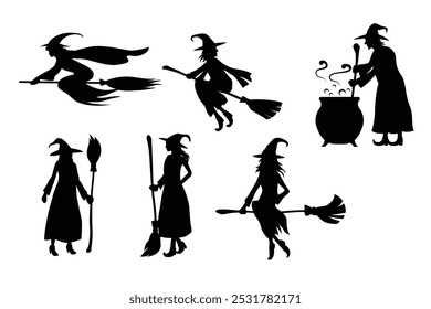 Halloween silhouette Witch on broomstick vector illustration, Witch Riding A Broomstick silhouette icon set