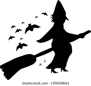 Halloween silhouette witch vector illustrator with spiders and bats