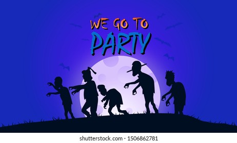 Halloween silhouette zombie. Colored poster in a dark blue style for Halloween party vector illustration