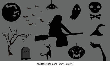 Halloween silhouettes background with pumpkins, witch, space cat, spider, skull, moon, tree, cap, ghost, bats illustration.