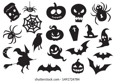 Halloween silhouettes and badges. Collection of characters for the holiday. Scary spiders, bats, witch, pumpkin. Spooky elements for halloween decorations. Vector illustration