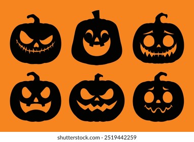 Halloween silhouettes of carved pumpkins with scary and fun expressions. Vector cartoon illustration