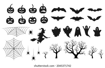 Halloween silhouettes collection with pumpkin, bat, ghost, spider web, witch and spooky tree icons. Vector illustration.