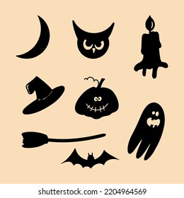 Halloween silhouettes ghost bat pumpkin owl crescent moon witch hat candle and broom