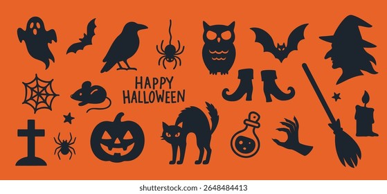 Silhuetas de Halloween com fantasma, morcego, bruxa, abóbora, gato, aranha, corvo, poção, vetor preto no fundo laranja. Para adesivos, planejadores, convites, artesanato, cartazes, uso digital e impresso.