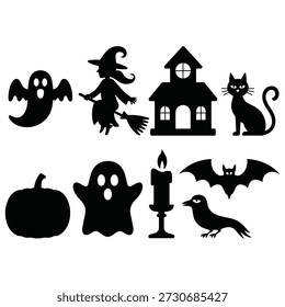 Siluetas de Halloween fantasma bruja gato calabaza murciélago vela cuervo casa