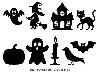 Siluetas de Halloween fantasma bruja gato calabaza murciélago vela cuervo casa encantada