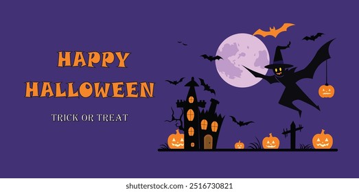 Halloween silhouettes, Haunted house, bats, flying witch, pumpkins, Halloween landing page and banner