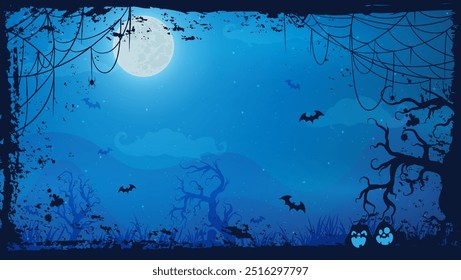 Halloween silhouettes in a haunting scene with eerie pumpkins. A full moon illuminates the creepy forest backdrop.