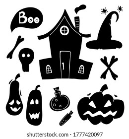 Halloween silhouettes. Horror holiday icons collection potion and pumpkin, witch magic house and hat, black doodle vector set
