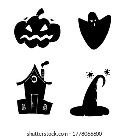 Halloween silhouettes. Horror holiday icons collection pumpkin and hat, witch house and magic hat, black doodle vector set